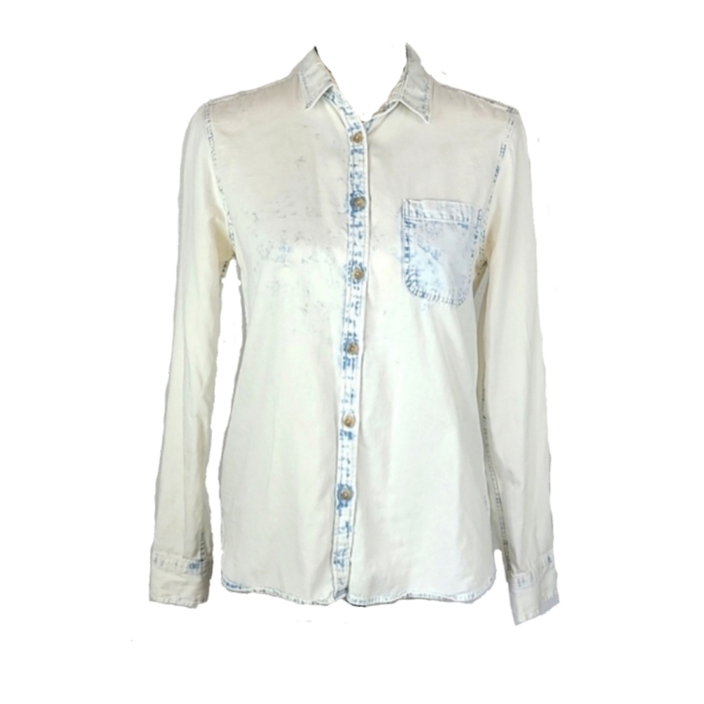 American Eagle Chambray Light Wash Soft Denim Long Sleeve Shirt, Size S Petite